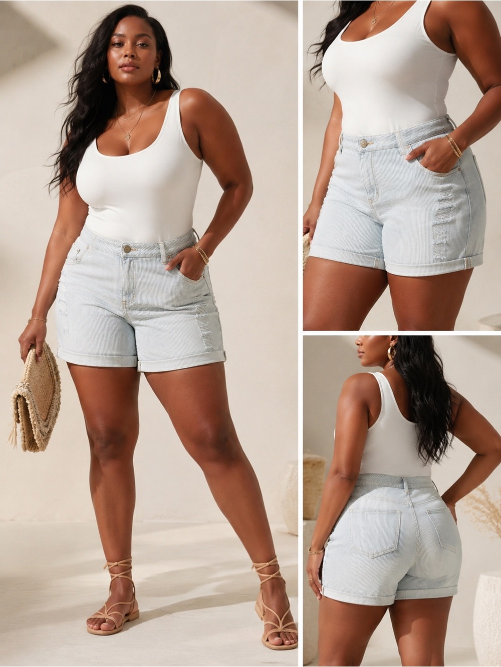 Lane Bryant Distressed Striped Denim Shorts Size 18 Blue White Stretch Pl